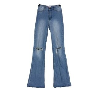 Vibe & Rant Flare Jeans Juniors 1/25 Blue Light Wash High Rise Distressed Denim